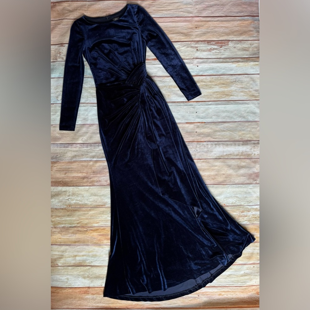 Vince Camuto Velvet Long Sleeve Ruched Formal Gown Dress Side Slit Navy Size 4 - Picture 5 of 10